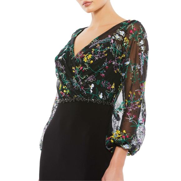 MAC DUGGAL EMBROIDERED ILLUSION PUFF SLEEVE COLUMN GOWN - Picture 3 of 9